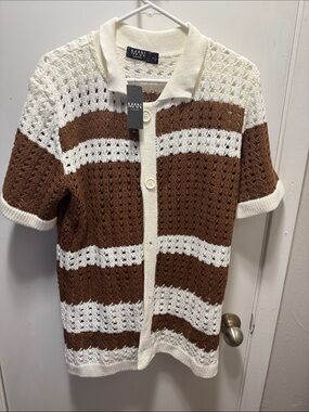 Boohoo Mens Short-Sleeve Knit Cardigan in Cream & Brown(3)